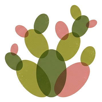 A prickly pear cactus with overlapping green and pink pads